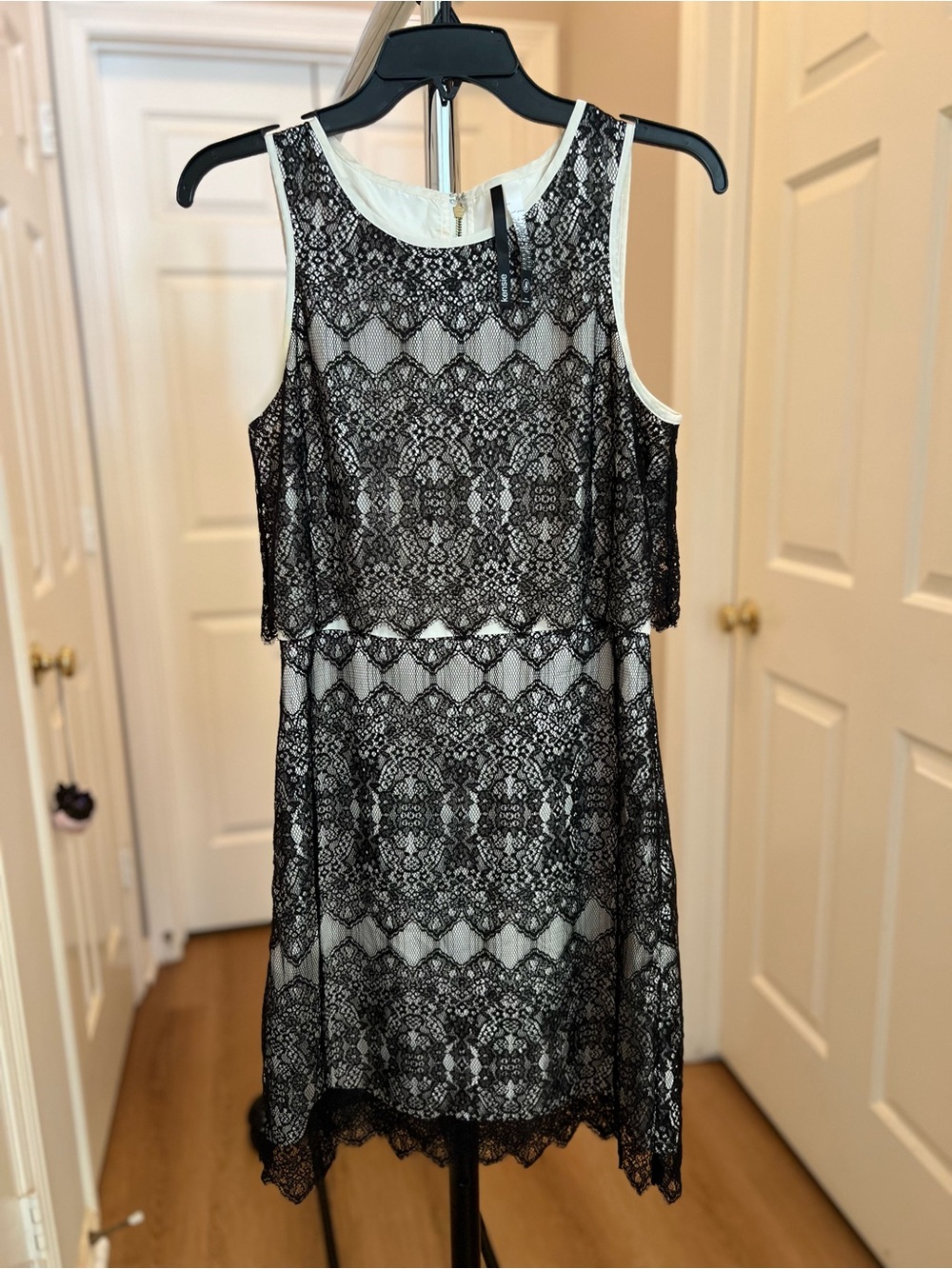 Kensie Black Lace Overlay Midi Dress with White Lining
